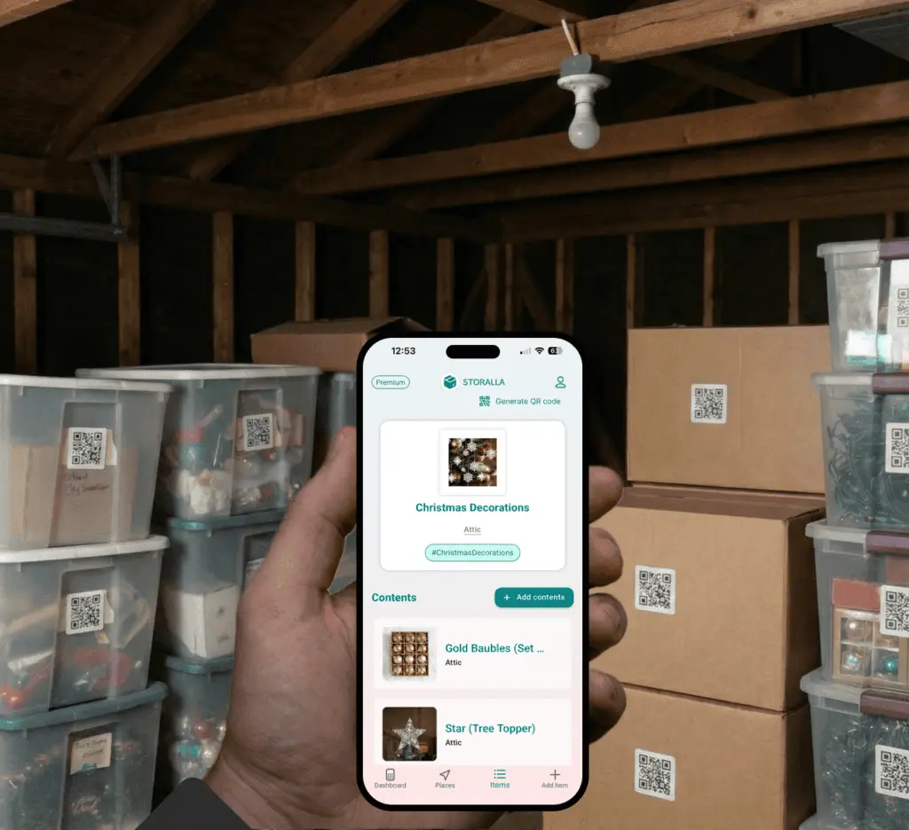 Organized Christmas decoration storage with QR code labels on bins and boxes